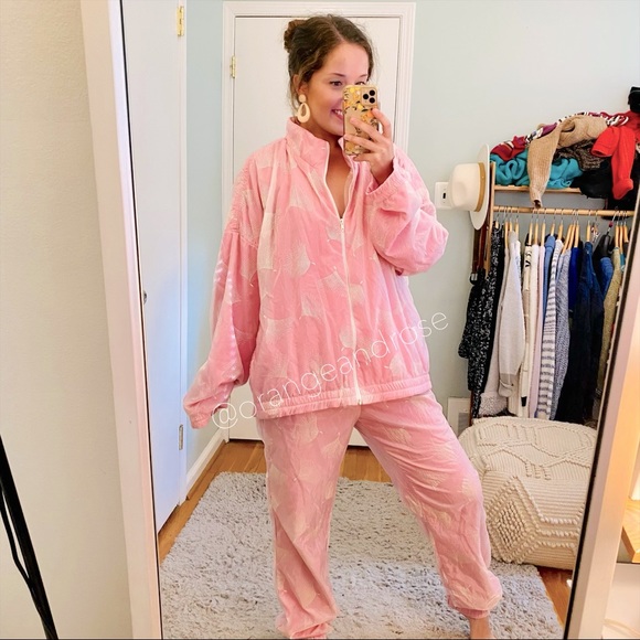 Vintage 80s Natty of California Pink Iridescent Floral Tracksuit Set Funky Soft
